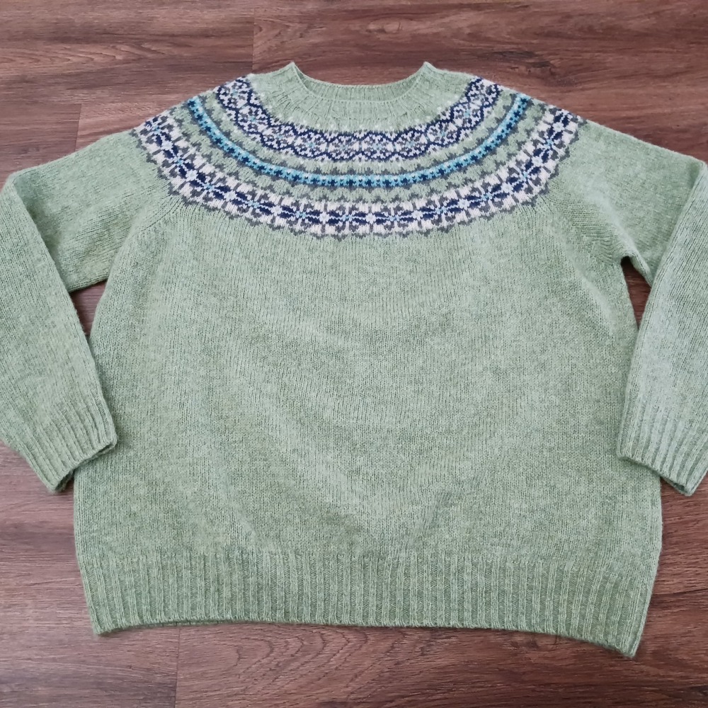 Celtic & Co Green Fair Isle Yoke Wool Knit Sweater Size Large